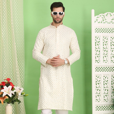 Over Crowd Men Embroidered Straight Kurta(White)