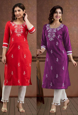 SISTO Women Chikan Embroidery Straight Kurta(Multicolor)