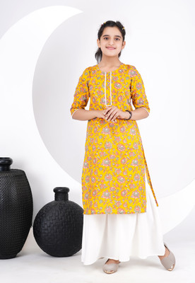 DMP FASHION Girls Printed Asymmetric Kurta(Yellow)