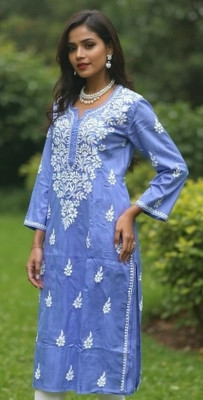 Riza Clothing Women Chikan Embroidery A-line Kurta(Blue)