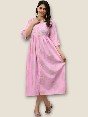 flexflow Women Printed Straight Kurta(Pink)