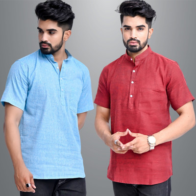 QuaClo Men Solid Straight Kurta(Light Blue, Maroon)