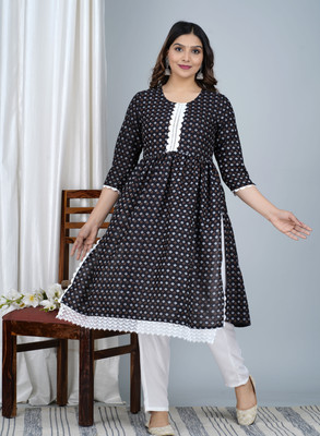 Lihimisu Women Geometric Print A-line Kurta(Black)