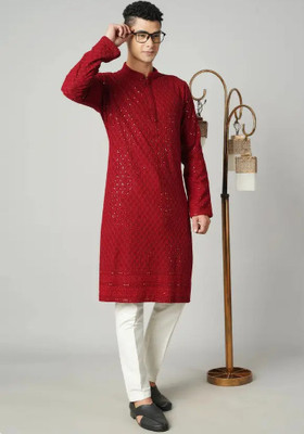 Fashion HR Men Embroidered Straight Kurta(Red)