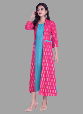 SJFABRIC Women Printed A-line Kurta(Light Blue, Pink)