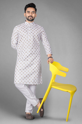 DHASU TRENDZ Men Printed Straight Kurta(White)