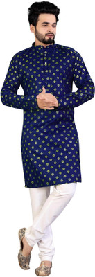 MENTIFIC Men Printed Straight Kurta(Blue)