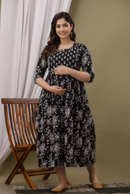 Kilangi fashions Women Printed Flared Kurta(Black, White, Grey)