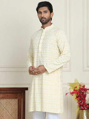 Jompers Men Embroidered Straight Kurta(Yellow)