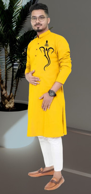 Darckchil Fab Men Printed Straight Kurta(Yellow)