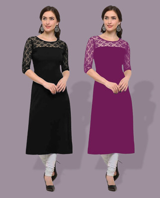Maheshvi Women Self Design Straight Kurta(Black, Purple)