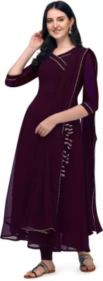 WIZULO TRENDZ Women Self Design, Embellished Flared Kurta(Purple)