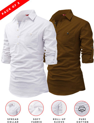 Yugnik Men Solid A-line Kurta(Brown, White)