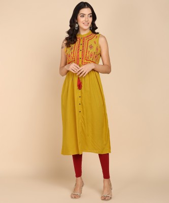 VAHSON Women Embroidered A-line Kurta(Yellow)