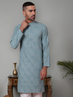 Jompers Men Embroidered Straight Kurta(Grey)
