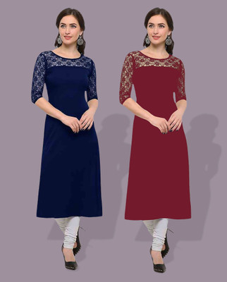 Maheshvi Women Self Design Straight Kurta(Red, Blue)