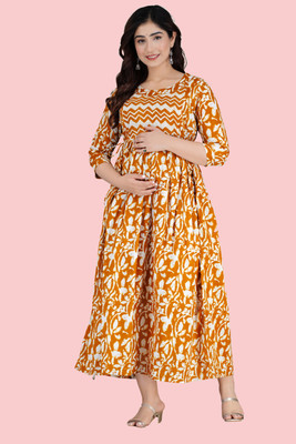 Haveliwale Women Printed Anarkali Kurta(Yellow, White)