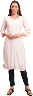 chikankaarigari Women Embroidered Straight Kurta(White)