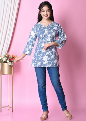 EFL FASHION Women Floral Print, Printed Tunic Kurta(Light Blue)