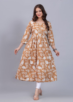 Mahruchi Textile Women Block Print Flared Kurta(Brown)