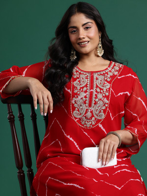 Indo Era Women Embroidered Straight Kurta(Red)