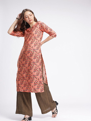 Anouk Rustic Women Floral Print Straight Kurta(Orange)