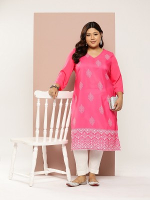 Sztori Women Printed Straight Kurta(Pink)