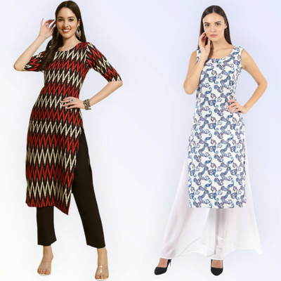 KAUTAQI Women Printed, Striped Straight Kurta(Multicolor)
