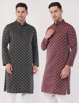 Zargnut Attire Men Printed Straight Kurta(Black, Maroon)