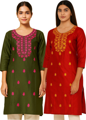 Badry Fashion Women Embroidered Straight Kurta(Red, Green)