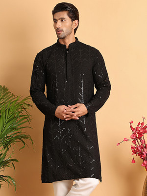 Jompers Men Embroidered Straight Kurta(Black)