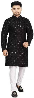 Nellist Men Embroidered A-line Kurta(Black)