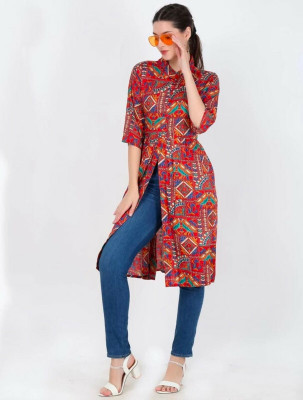 Minakshi Dutta Design Studio Women Printed Frontslit Kurta(Red)