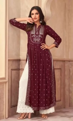 ASHRU Women Floral Print Trail Cut Kurta(Maroon, White)