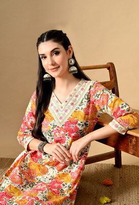 PHYSIL Women Floral Print, Embroidered Straight Kurta(Multicolor)