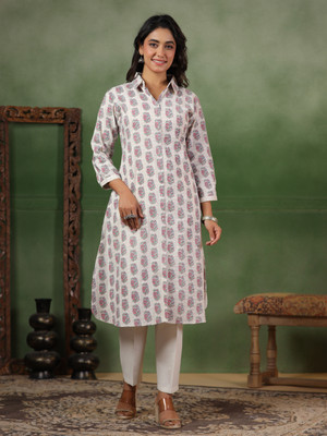 Span Women Printed Straight Kurta(White, Pink)