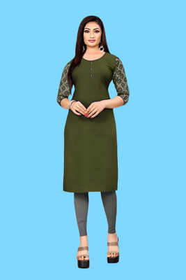HOFC Women Solid Straight Kurta(Green)