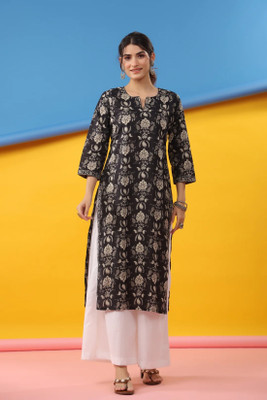 VRVastra Women Floral Print Straight Kurta(Black)