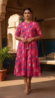 HIMANSHI Women Printed, Block Print Flared Kurta(Pink)