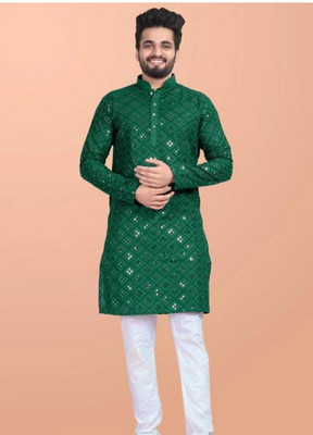 kingenterprise Men Embroidered Straight Kurta(Dark Green)