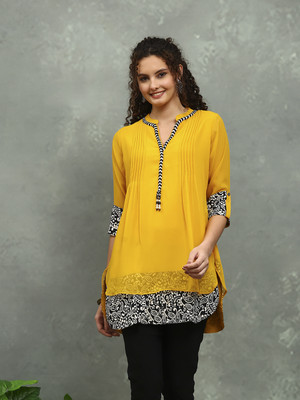 Meena Bazaar Women Printed Flared Kurta(Yellow)