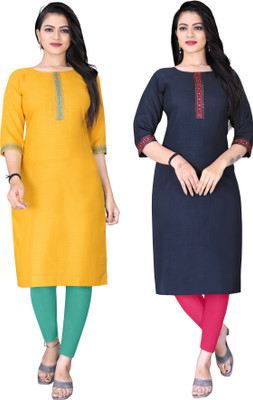Loffy Women Solid Straight Kurta(Yellow, Dark Blue)