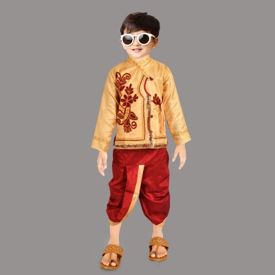 Albatross Baby Boys Self Design High Low Kurta(Gold, Red)