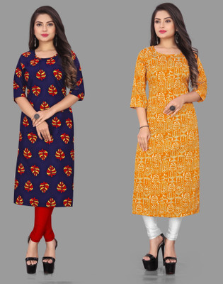 HouseOfCommon Women Printed Straight Kurta(Red, Yellow)