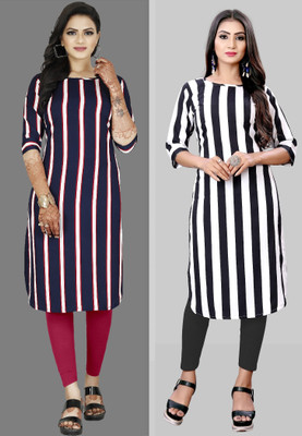 Hiral Creation Women Striped, Printed A-line Kurta(White, Purple)