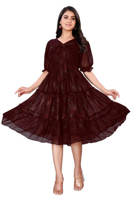 harrica Women Self Design Flared Kurta(Maroon)