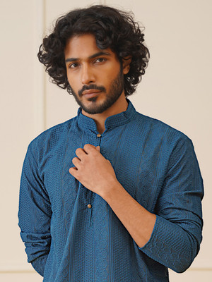 Jompers Men Embroidered Straight Kurta(Blue)