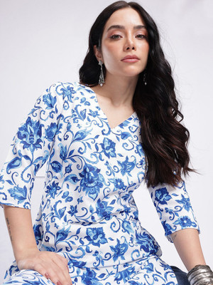 Anouk Rustic Women Floral Print Straight Kurta(White, Blue)