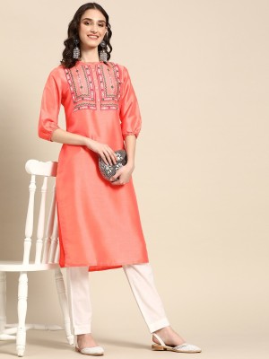 Sangria Women Embroidered Straight Kurta(Orange)