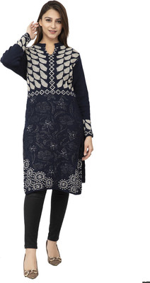 Magknit Women Self Design Straight Kurta(Dark Blue)